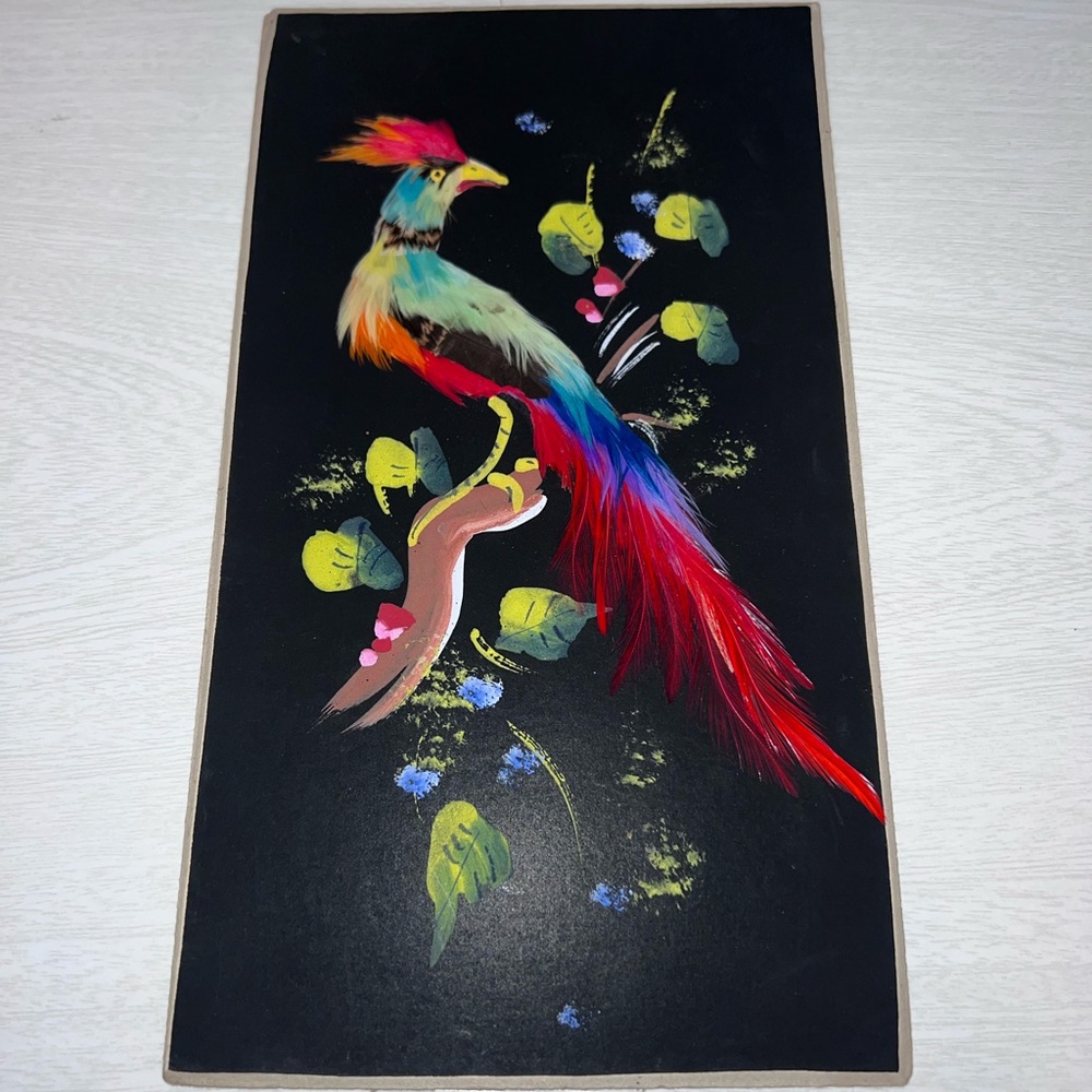 Vintage Hand Painted Mexican Feather Bird Artwork